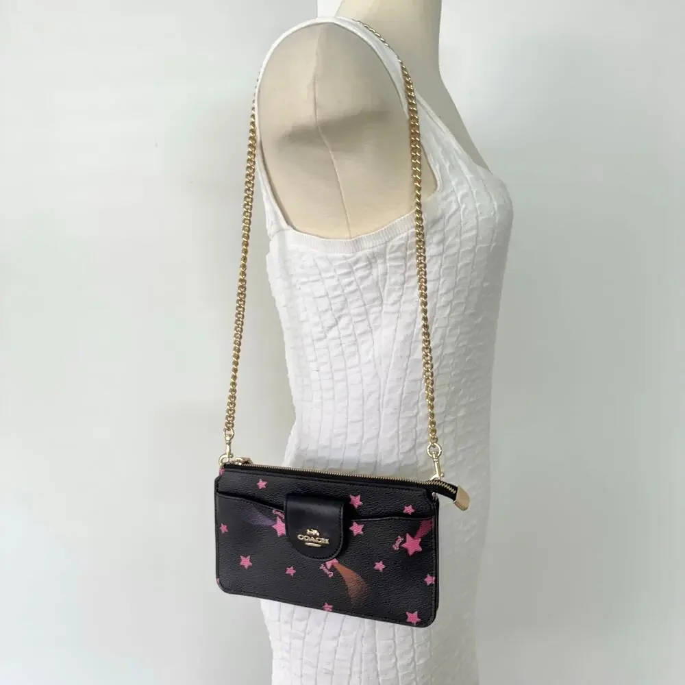 Coach Poppy Slim Shoulder Bag in Black Disco Shooting Star Galaxy Print C7289
